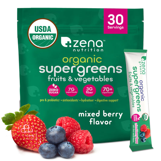 Zena Nutrition Organic Super Greens stick pack for easy on-the-go daily greens
