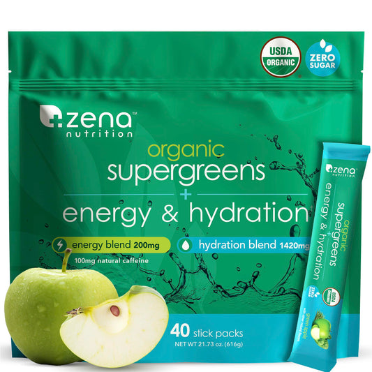 Zena Nutrition Organic Super Greens stick pack for quick on-the-go daily nutrition.