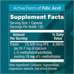 Zenavea L-Methylfolate 15mg capsules, vegan and gluten-free for daily use.