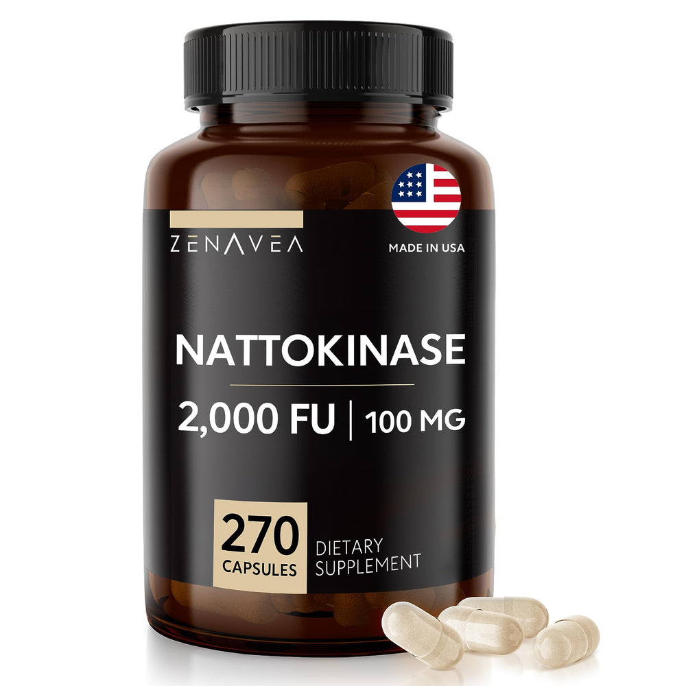 Zenavea nattokinase bottle label highlights vegan enzyme for circulatory support.