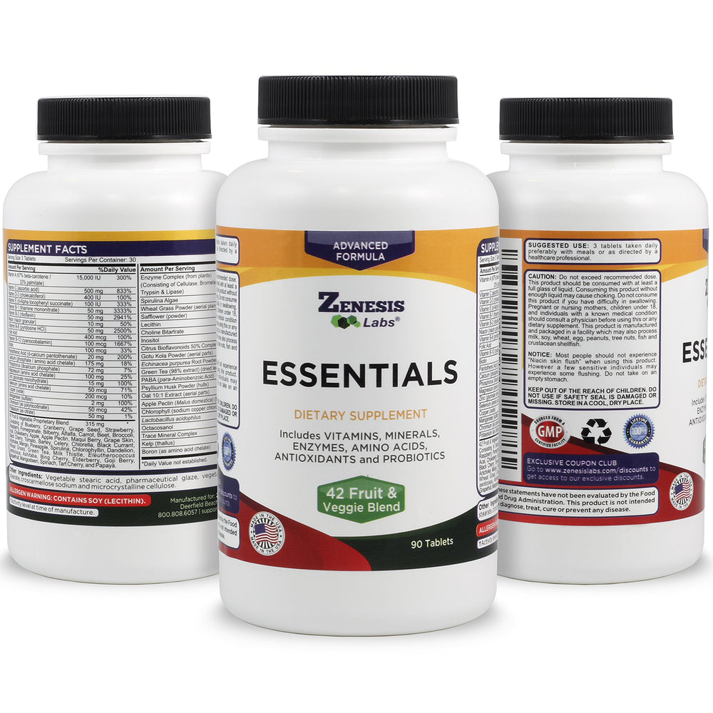 Zenesis Labs Essentials bottle on kitchen counter for daily health routine.