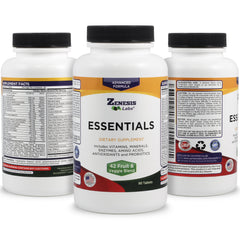 Zenesis Labs Essentials bottle on kitchen counter for daily health routine.