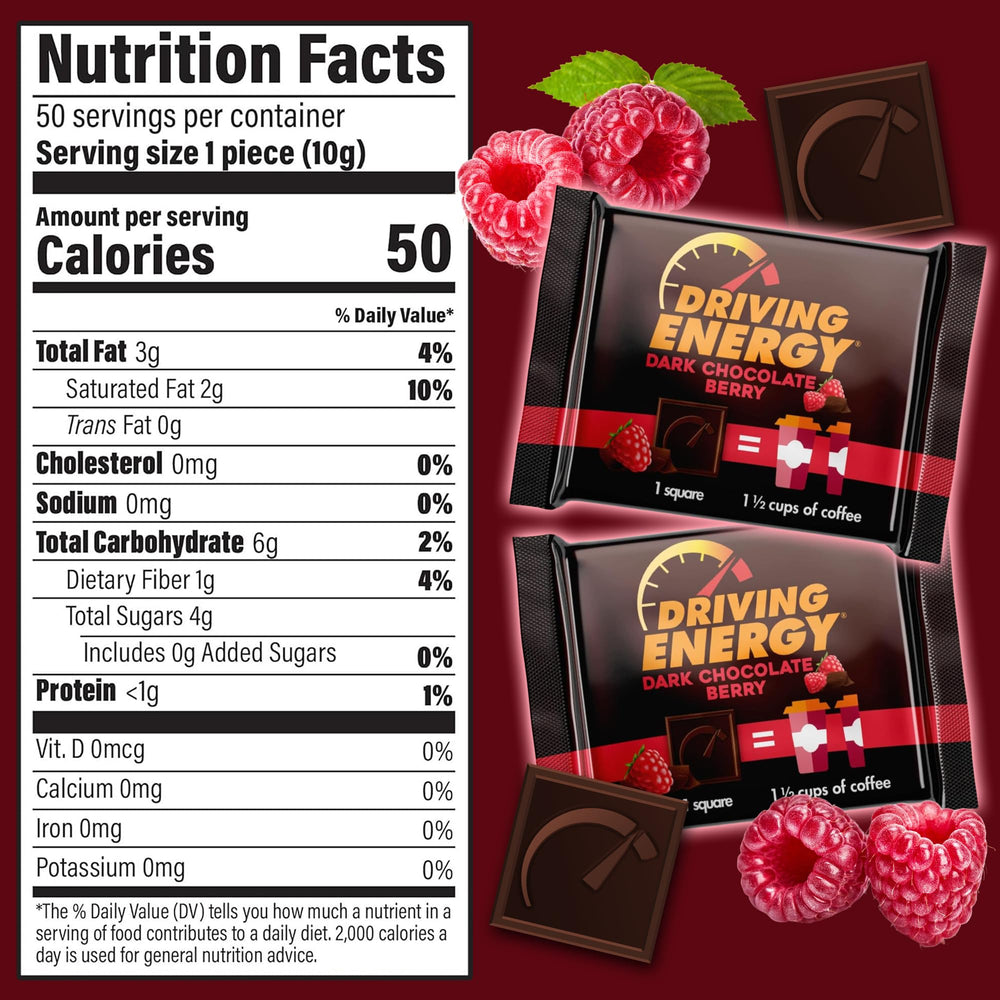 ZenEvo Driving Energy bite closeup shows semisweet chocolate and berry flavor.
