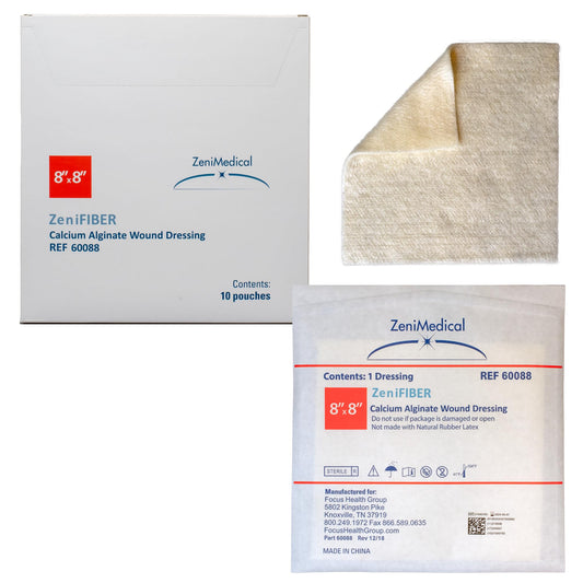ZeniFiber 8x8 calcium alginate dressing showing compact pad for efficient moisture management