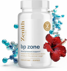 Zenith Labs BP Zone bottle label showing natural blood flow support for daily activity.