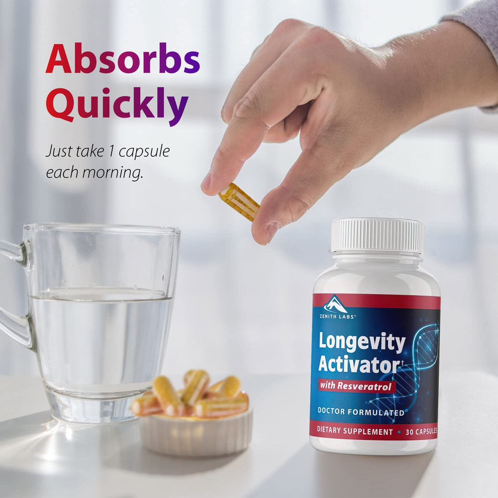 Resveratrol 25 mg detail on Longevity Activator packaging.