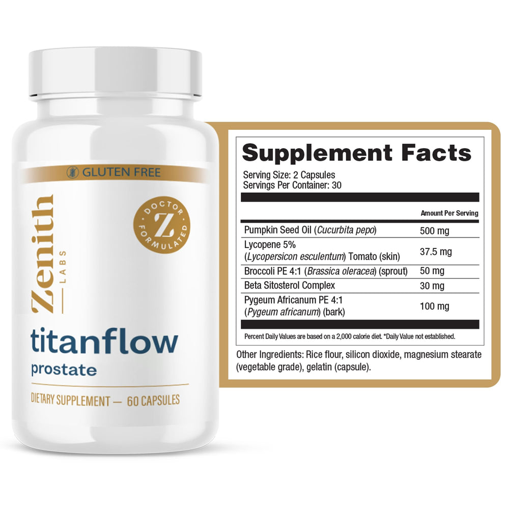 Zenith Labs TitanFlow capsules close-up for convenient urinary flow support