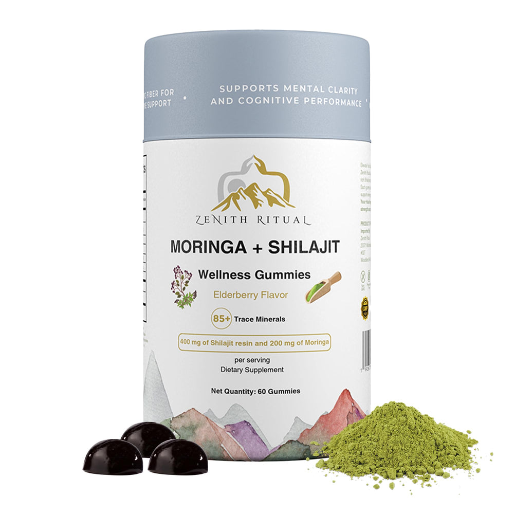 Zenith Ritual Shilajit Moringa Gummies jar showing natural energy boost.