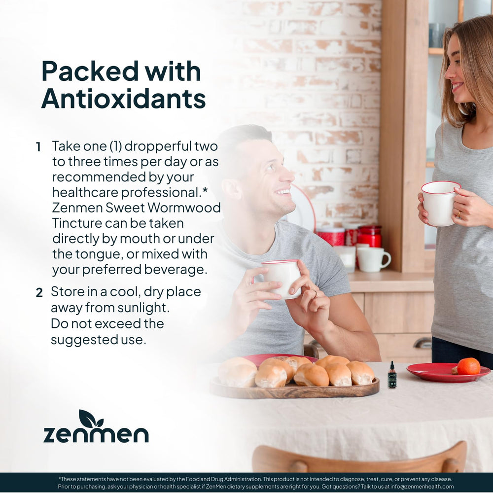 Zenmen Organic Sweet Wormwood tincture label highlighting thujone-free USA-made quality