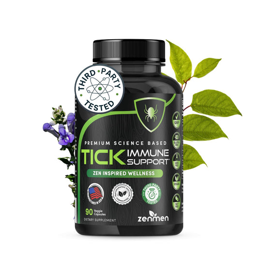 ZenMen Tick Immune Support bottle front view for outdoor travelers seeking immune support.