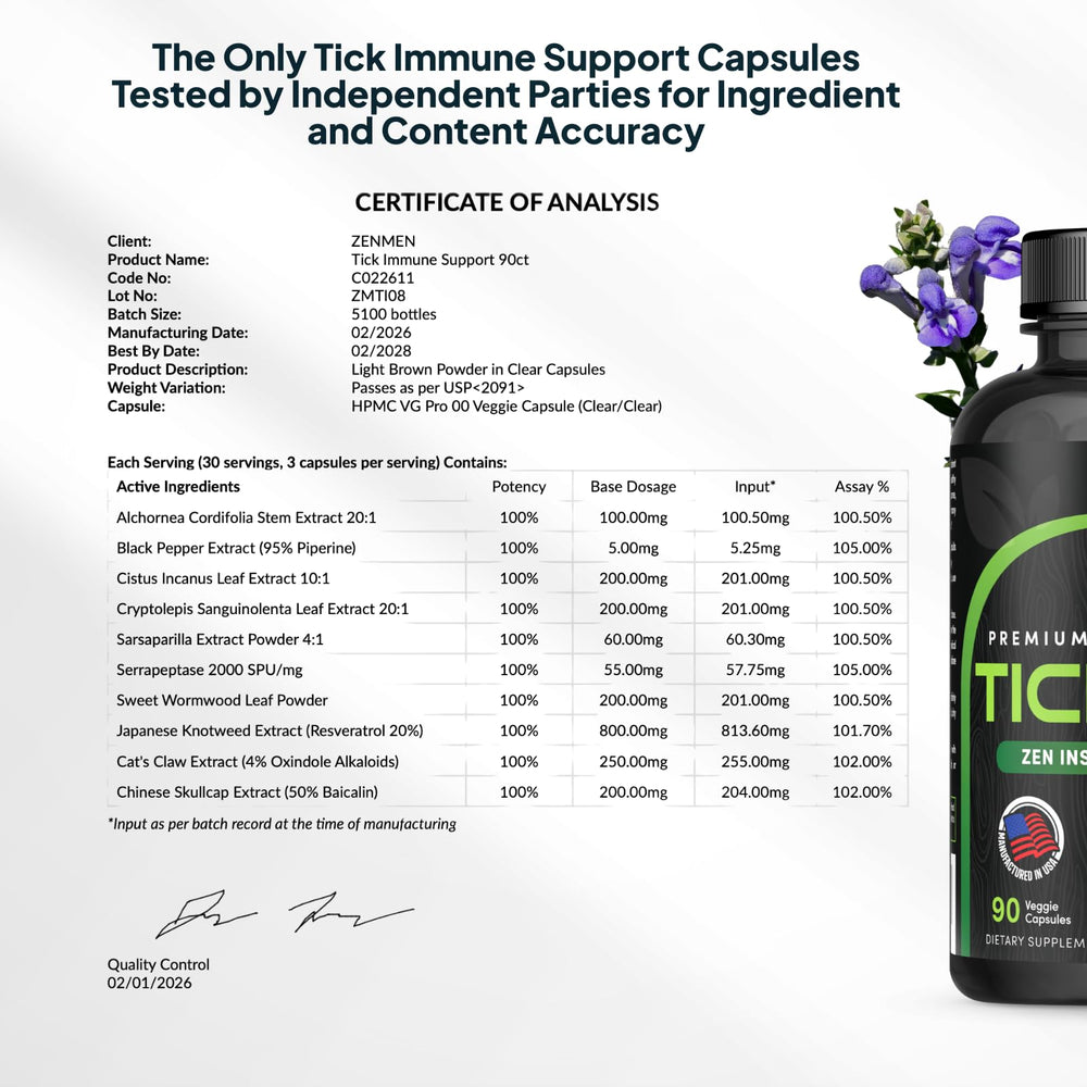 ZenMen Tick Immune Support bottle with glass and water for everyday use.