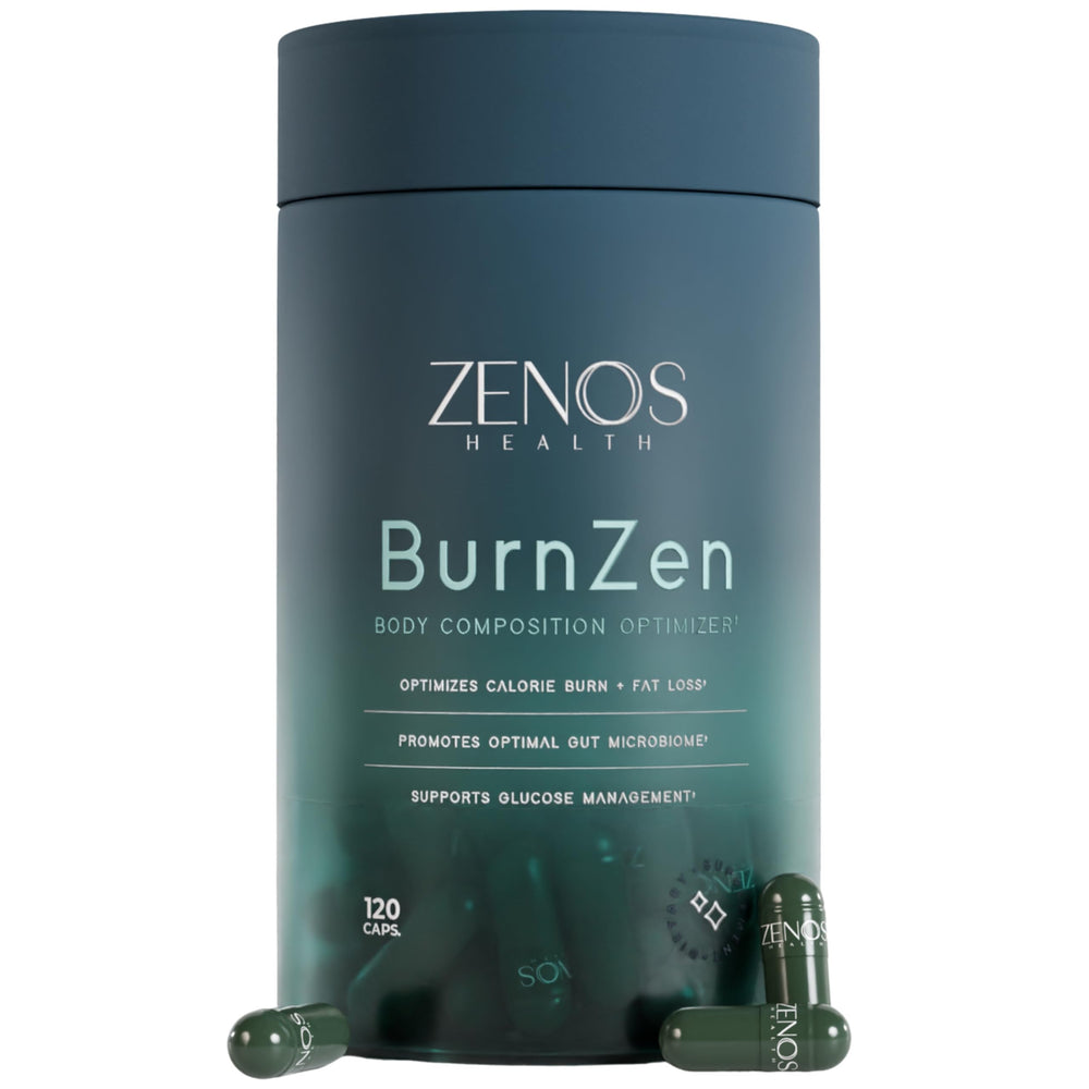 Zenos Health BurnZen bottle with daily energy support and precise dosage.