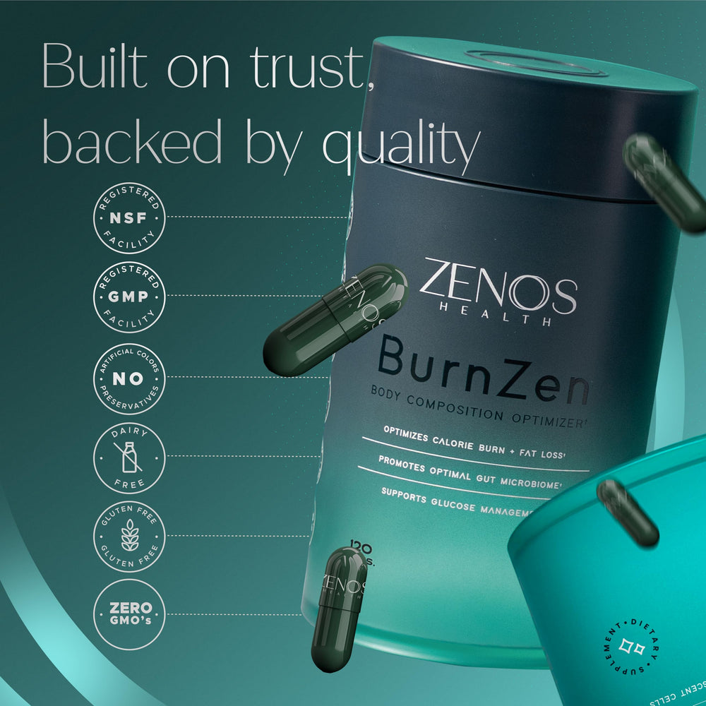 BurnZen dosage scene shows four capsules per daily serving.