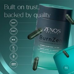 BurnZen dosage scene shows four capsules per daily serving.