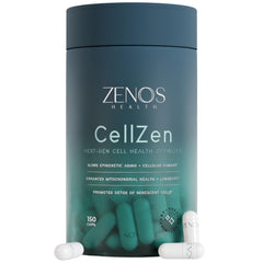 Zenos Health CellZen NAC bottle highlights daily antioxidant support for cellular health.