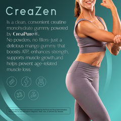 Zenos Health CreaZen gummies in hand demonstrate convenient, powder-free creatine for workouts.