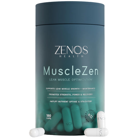 Zenos Health MuscleZen bottle with 180 capsules for daily lean muscle support.