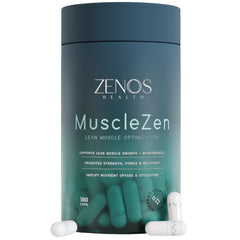 Zenos Health MuscleZen bottle with 180 capsules for daily lean muscle support.
