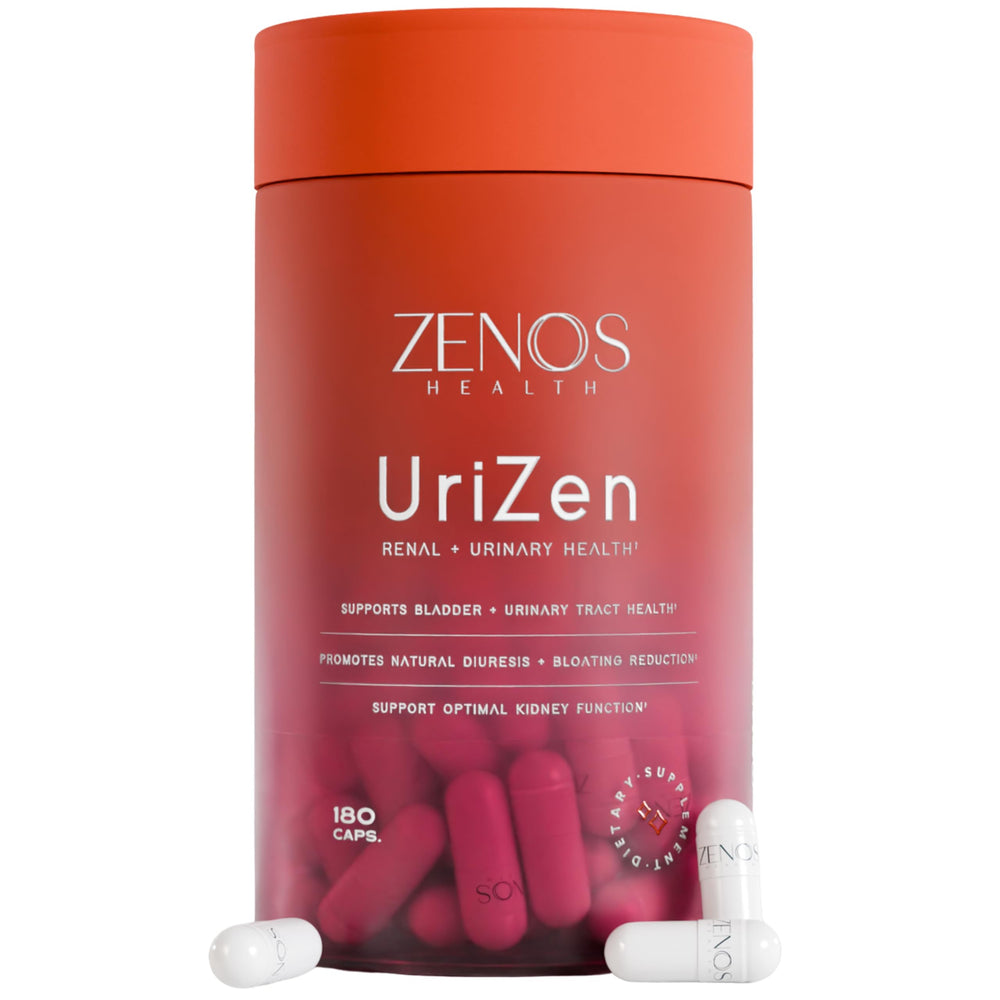 Zenos Health UriZen bottle label closeup for urinary health support.