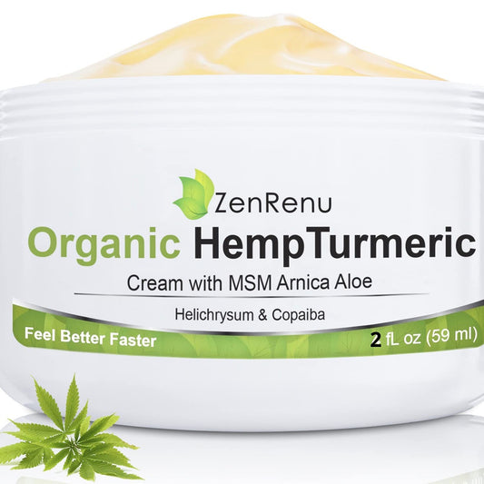 Zenrenu hemp turmeric cream jar with arnica showing natural ingredients for soothing skin