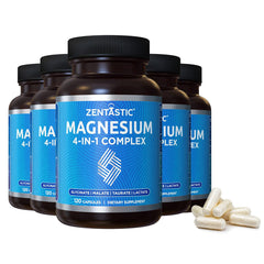 Zentastic Magnesium Complex bottle close-up showing capsules for easy absorption.