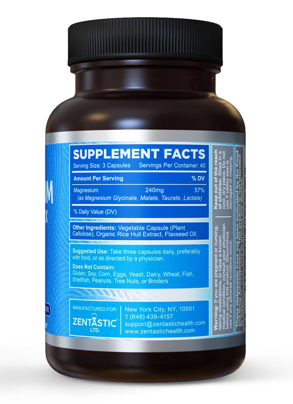 Zentastic Magnesium Complex label view emphasizes vegan non GMO gluten free formula
