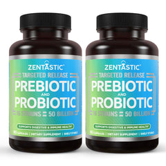 Zentastic Probiotics bottle front shows 50 billion CFU and 16 strains for daily gut support.