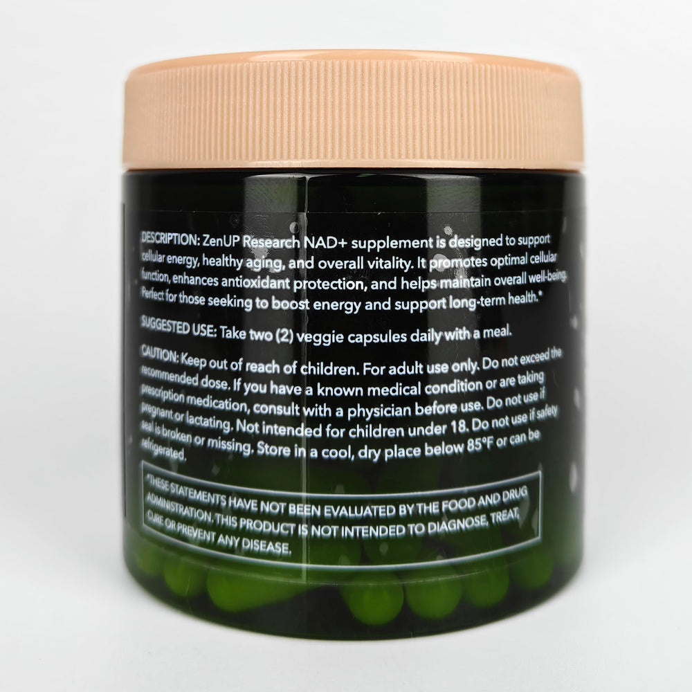 ZenUP NAD+ ingredients scene featuring NR, Resveratrol, and Quercetin