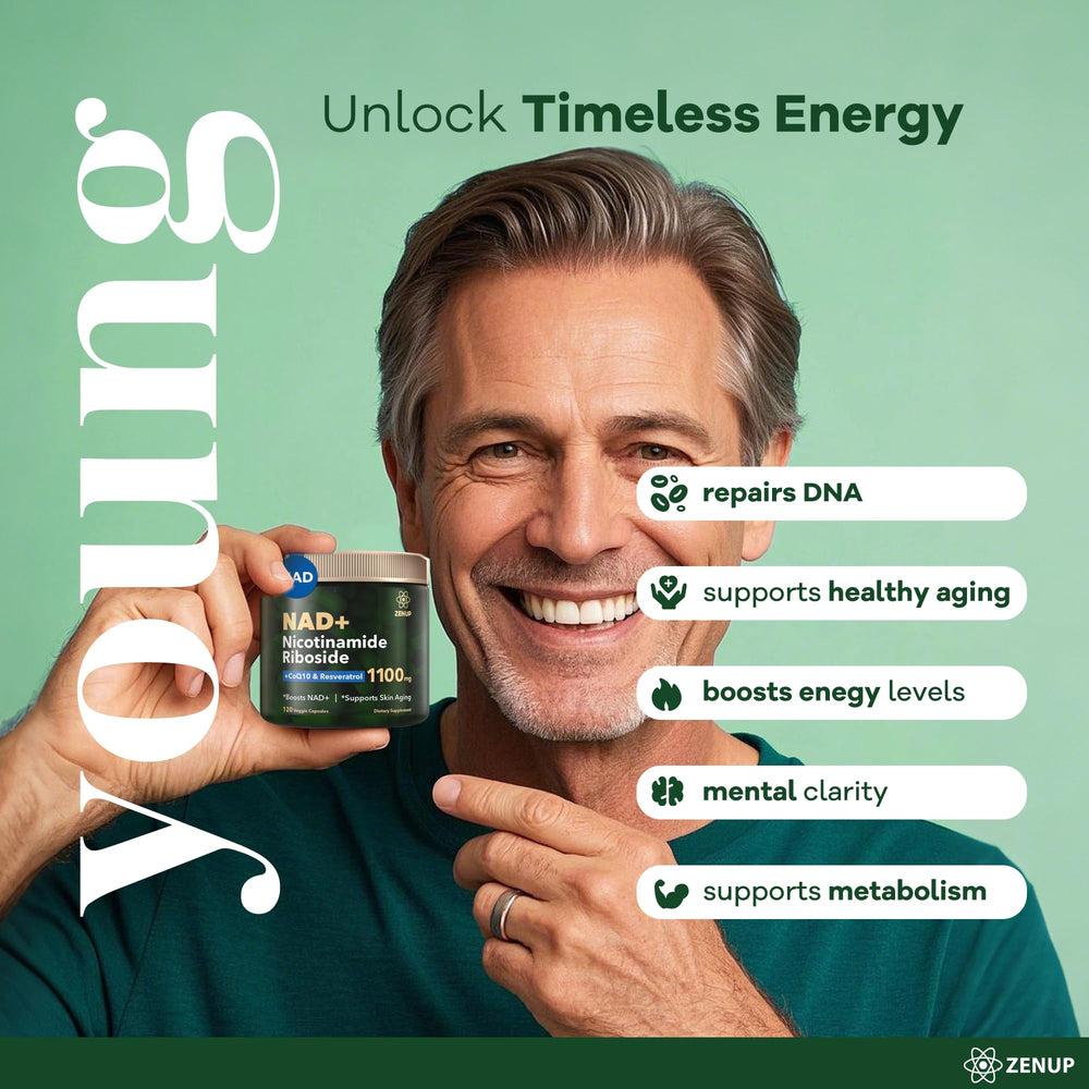 ZenUP NAD+ label closeup emphasizing non-GMO and gluten-free formulation