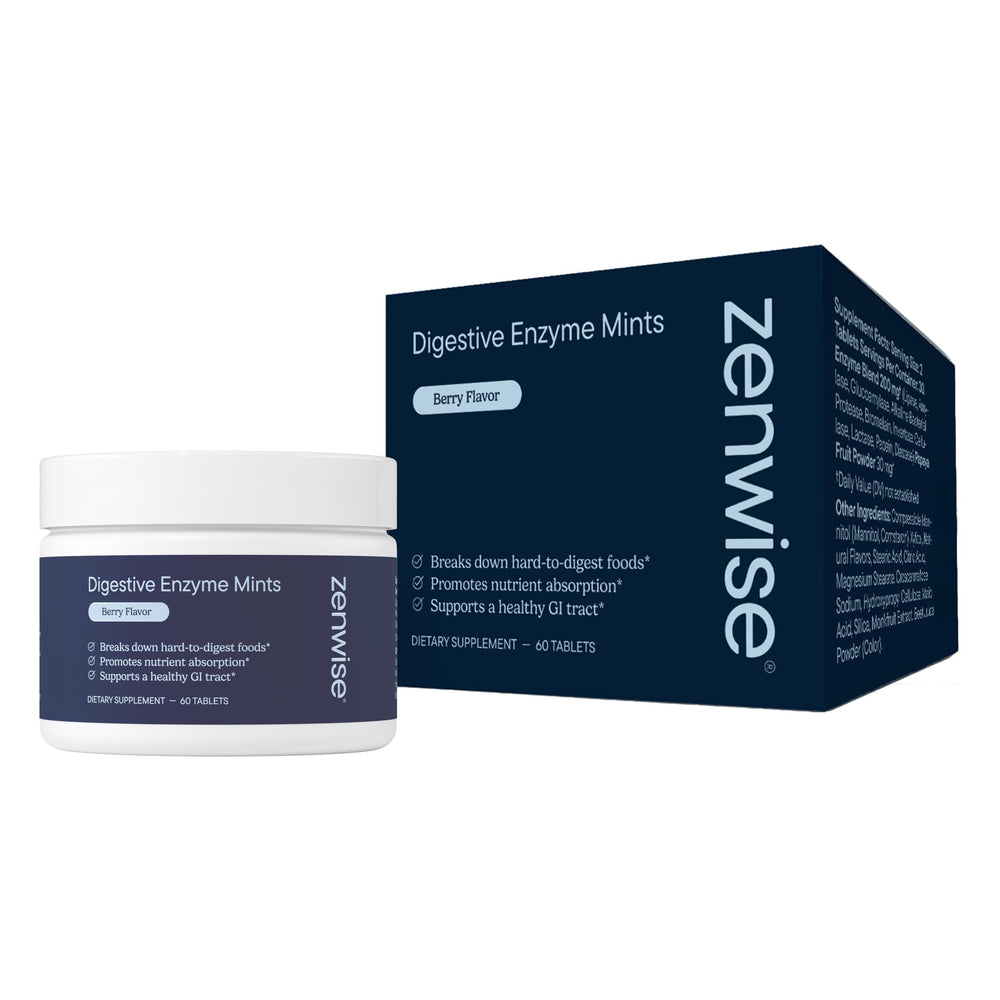Zenwise Health Digestive Enzyme Mints packaging showcases portable gut support for on-the-go meals.