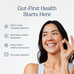 Zenwise Health Digestive Enzymes capsules closeup, plant-based formula for gentle digestion.