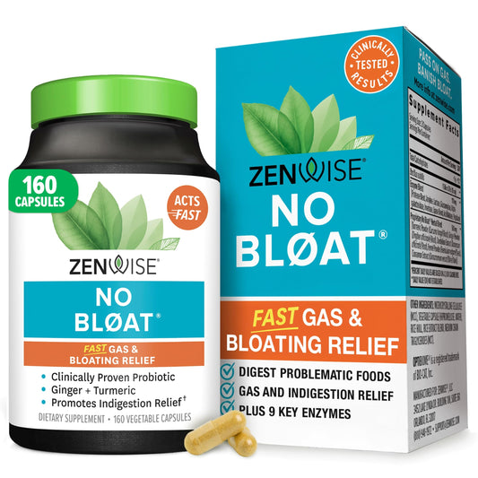 Zenwise Health No Bloat bottle displaying capsules for digestive comfort.
