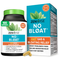 Zenwise No Bloat bottle front showing packaging for convenient daily digestive support.