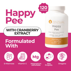 ZENZSUAL Happy Pee capsules close-up showing cranberry and D-Mannose for urinary comfort.
