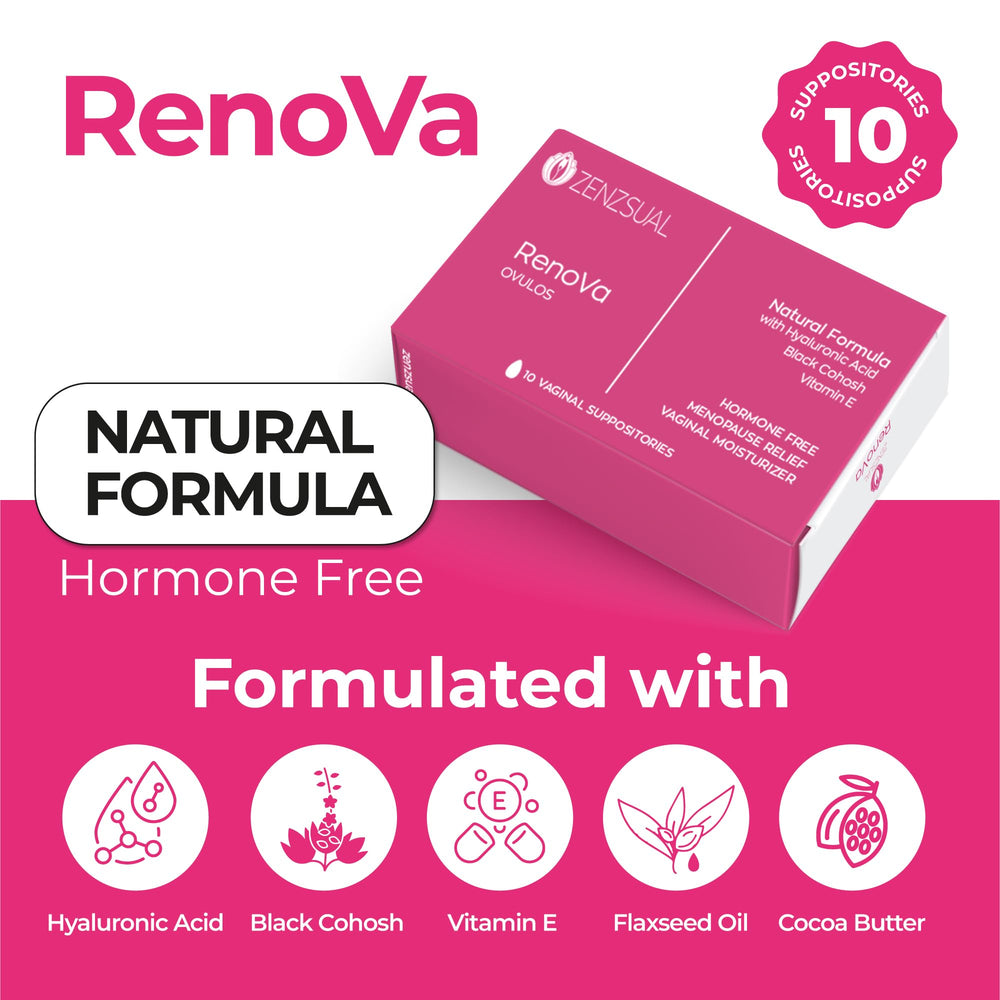 ZENZSUAL Renova Ovulos suppositories in blister pack ready for convenient nightly hydration.