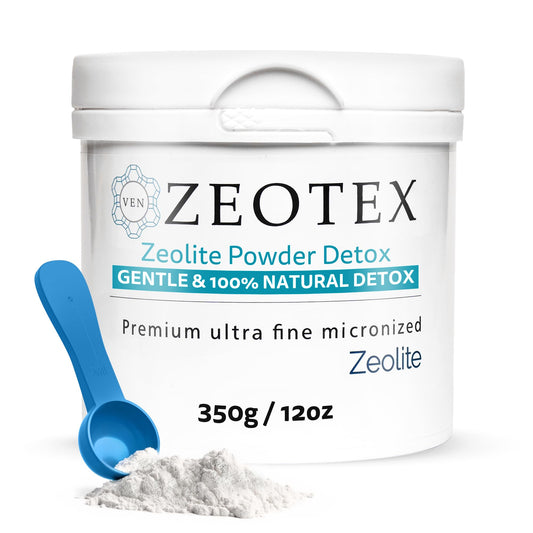 Zeotex 350g zeolite detox powder bottle for quick daily detox and gut support.