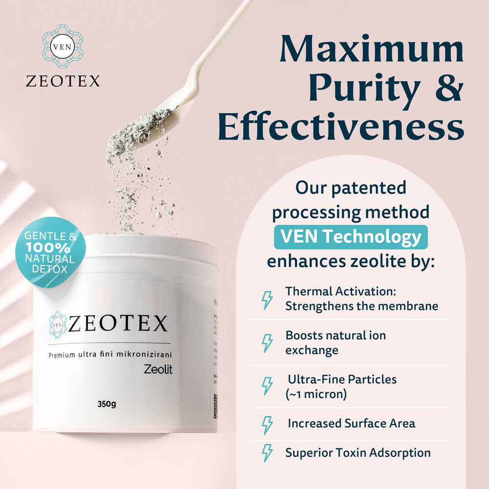 Zeotex 350g detox powder in a glass of water for hydration-friendly use.