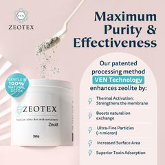 Zeotex 350g detox powder in a glass of water for hydration-friendly use.