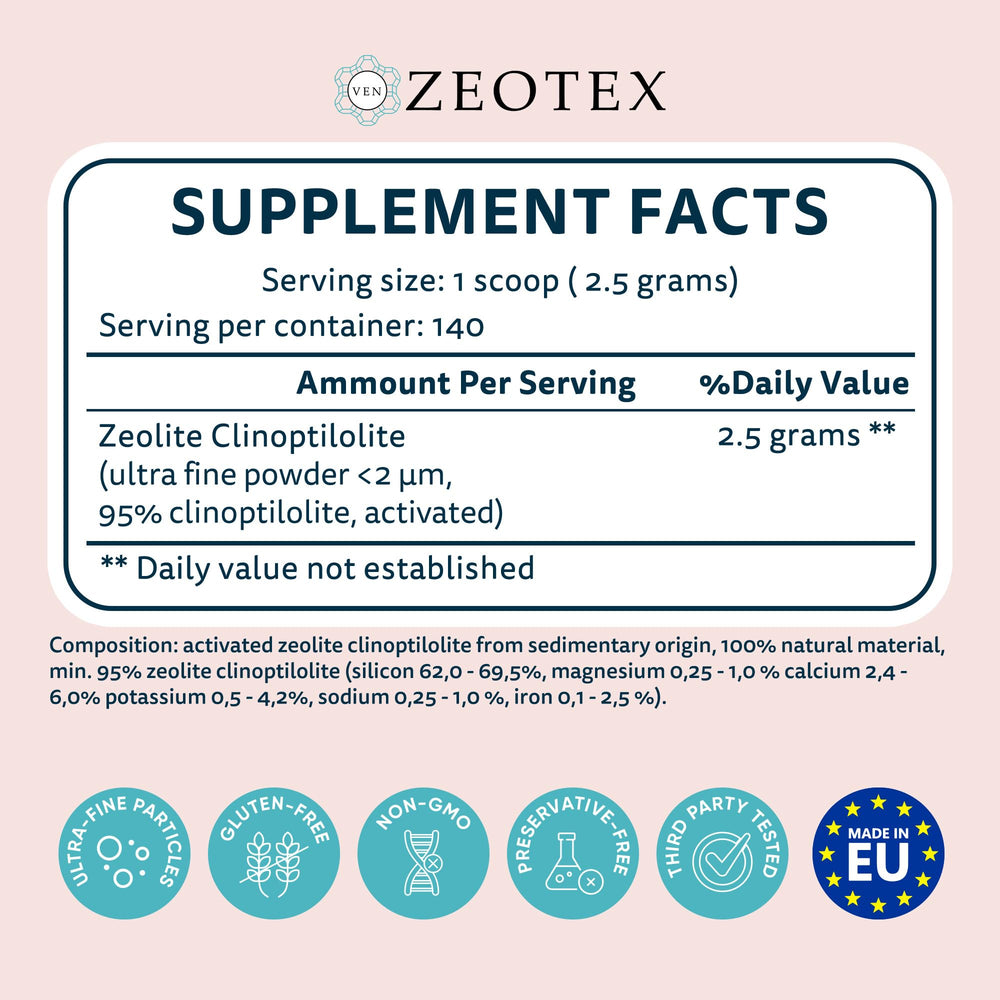 Zeotex 350g detox powder being poured for simple liquid mix.