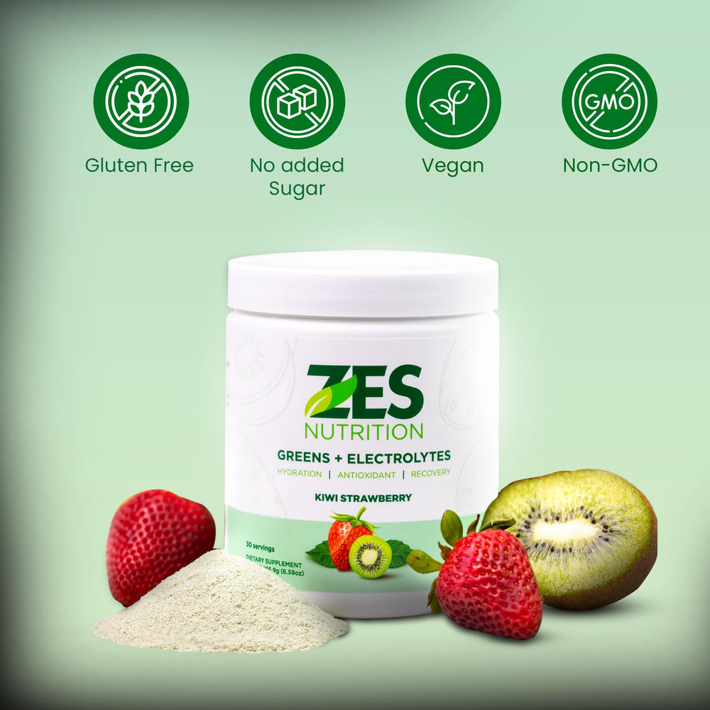 ZES Nutrition Greens + Electrolytes scoop ready to measure a daily greens serving.