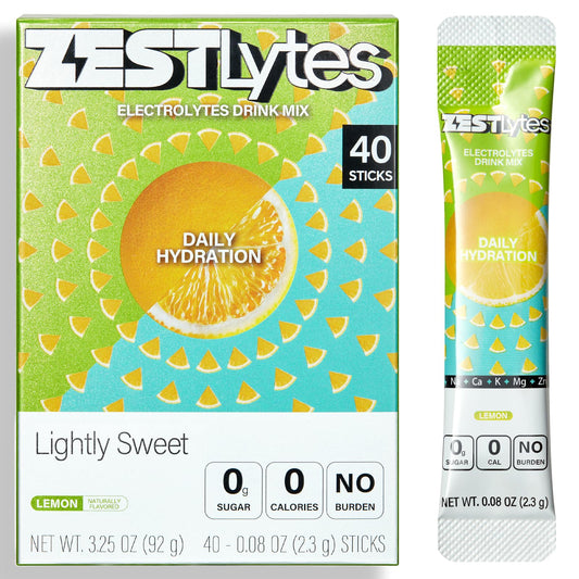 ZestLytes lemon hydration packet shown for daily sugar-free hydration on the go.