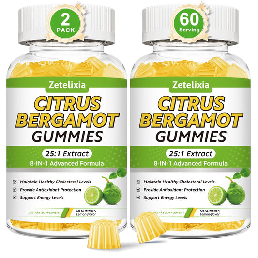 Zetelixia Citrus Bergamot Gummies 2-Pack front view, sugar-free lemon flavor for daily wellness.