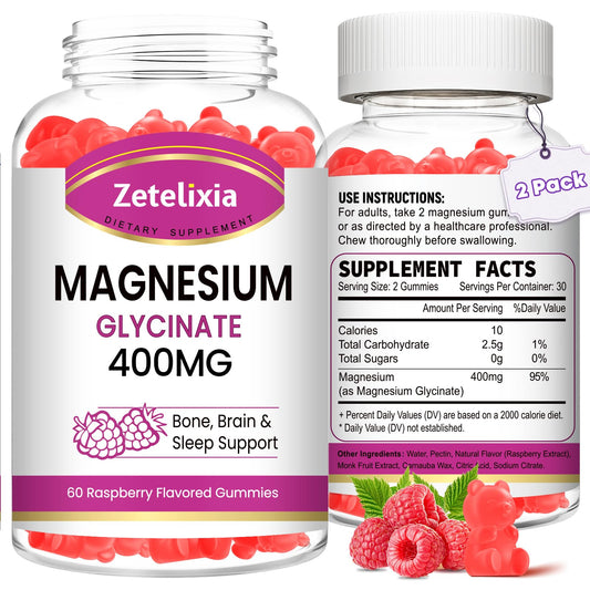 Zetelixia Magnesium Glycinate Gummies bottle front showing its tasty, relaxing chew.