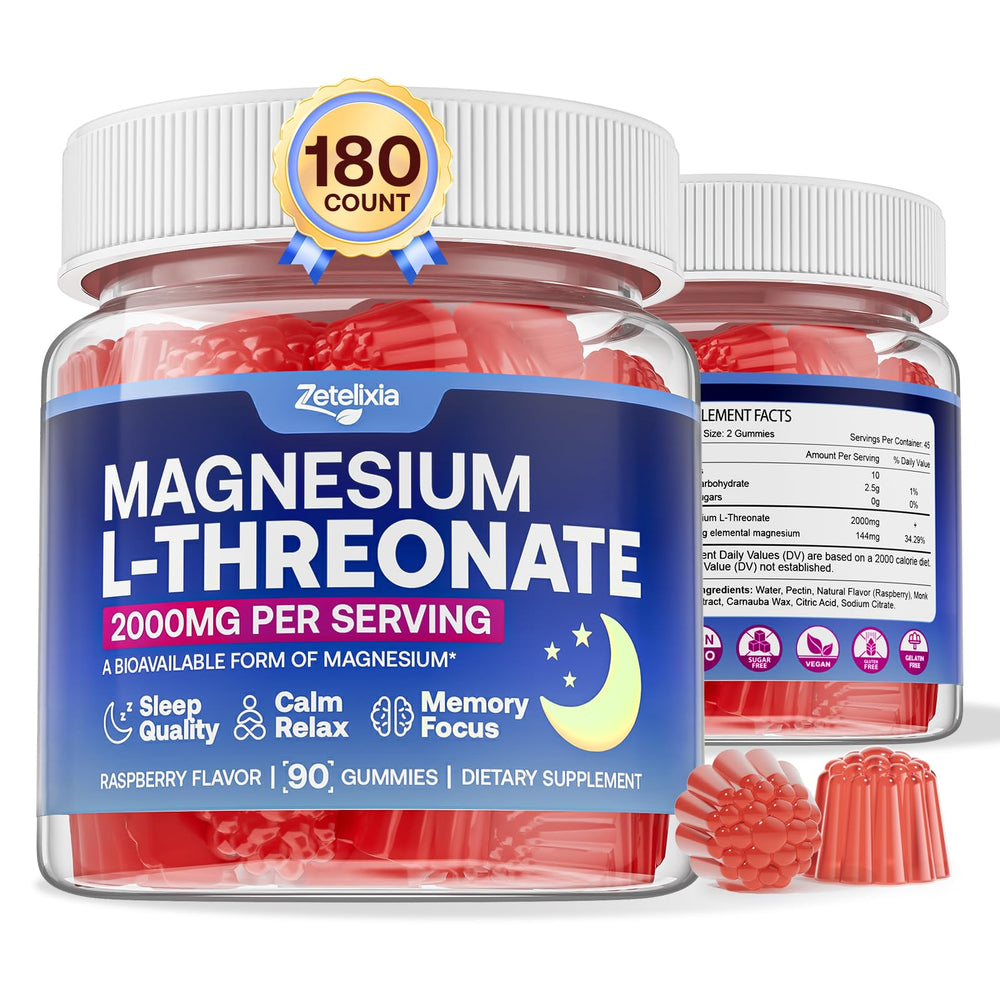 Zetelixia Mg Threonate Gummies bottle front, convenient 2-pack for daily brain support.