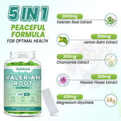 Zetelixia valerian root gummies packaging view indicates vegan, organic, gluten-free formula.