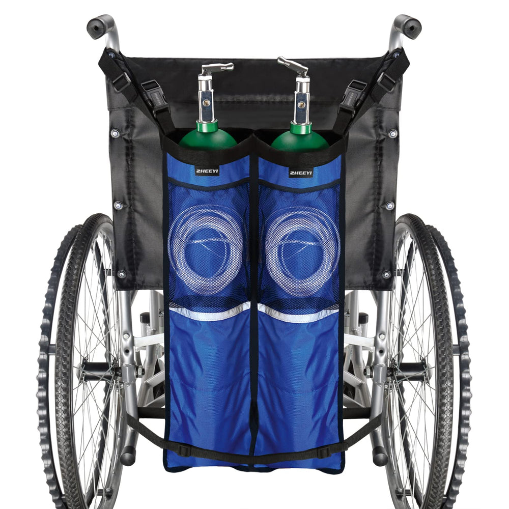 ZHEEYI dual oxygen tank holder on a wheelchair enables flexible sizing and easy access.