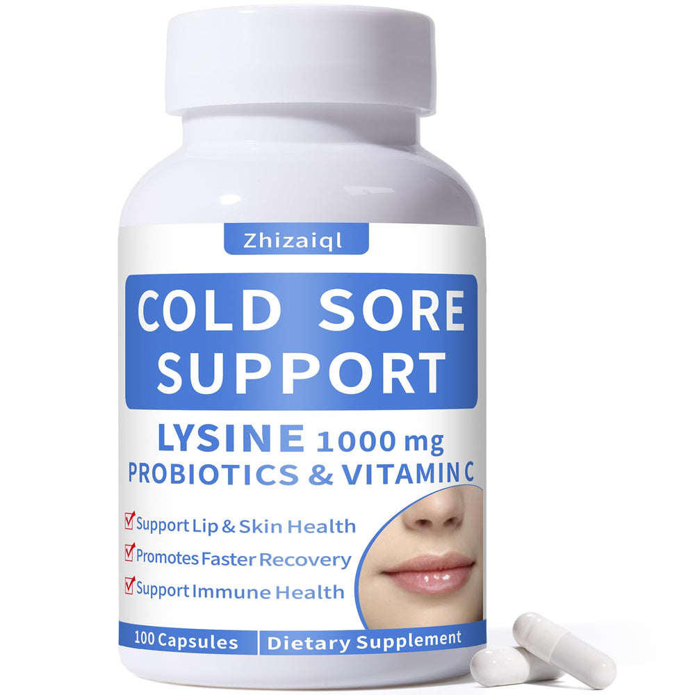 Zhizaiql Lysine Cold Sore bottle close-up with capsules for daily immune support.