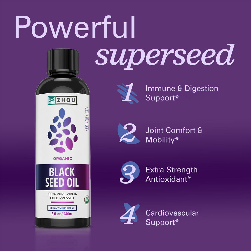 ZHOU Black Seed Oil dual-form bundle, product image showing versatile wellness support