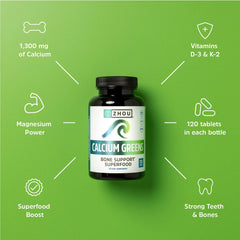 Greens blend imagery for Zhou Calcium Greens with spirulina and barley grass.
