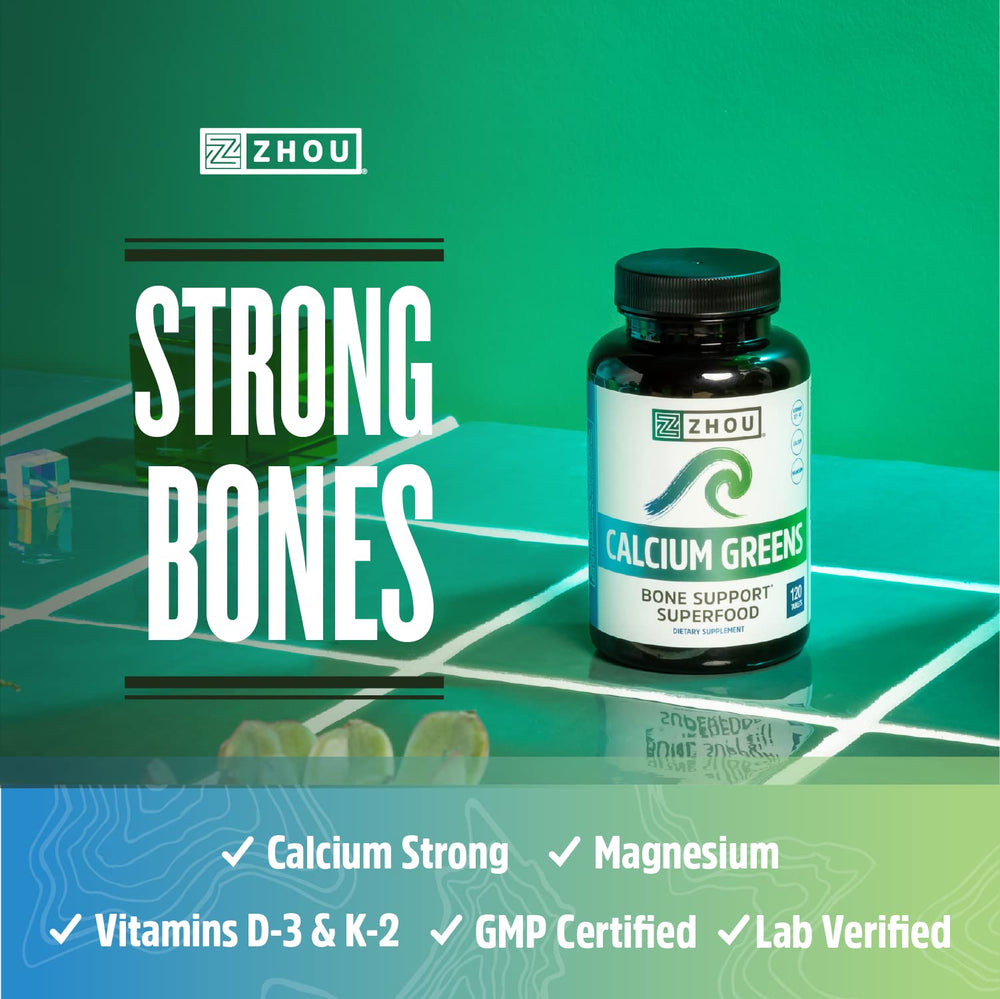 Zhou Calcium Greens tablets close-up highlighting bone-supporting plant minerals.
